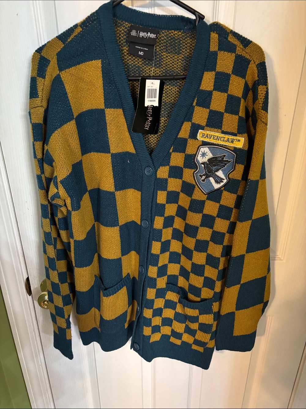 Harry Potter Ravenclaw Checker Knit Cardigan Sweater - Blue & Gold